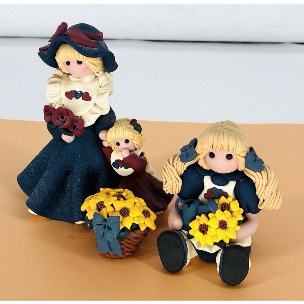 Vintage 1994 Polymer Clay Sheree Soles Mother & Child, Child and Floral Bouquet